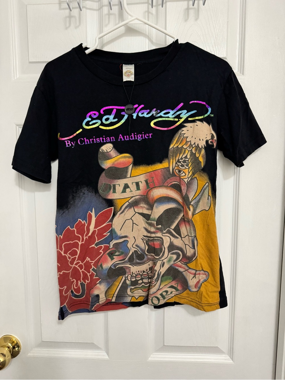 Christian Audigier Black Y2K Short Sleeve Tee with Multicolor Skull Graphic